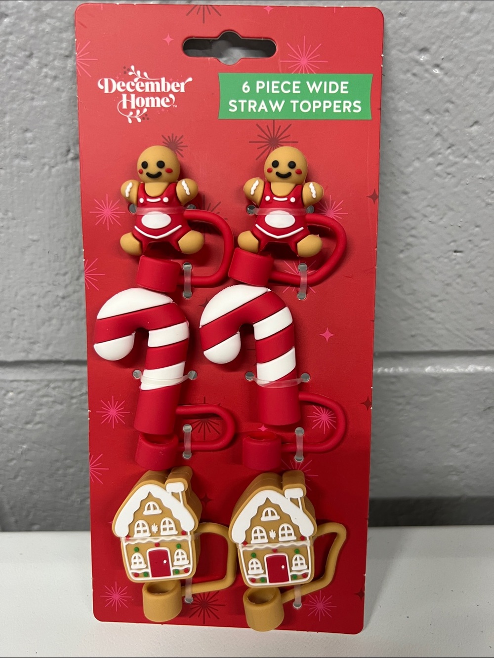 Red & White Holiday Straw Toppers - Gingerbread & Candy Cane (6 Piece)